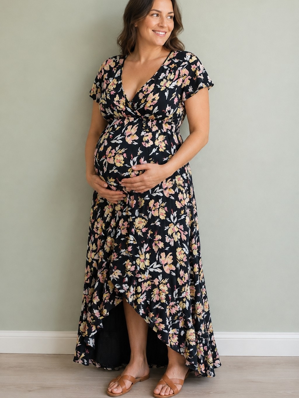 Isabel Maternity Maxi Dress Size Large Black Floral High Low Wrap Stretch